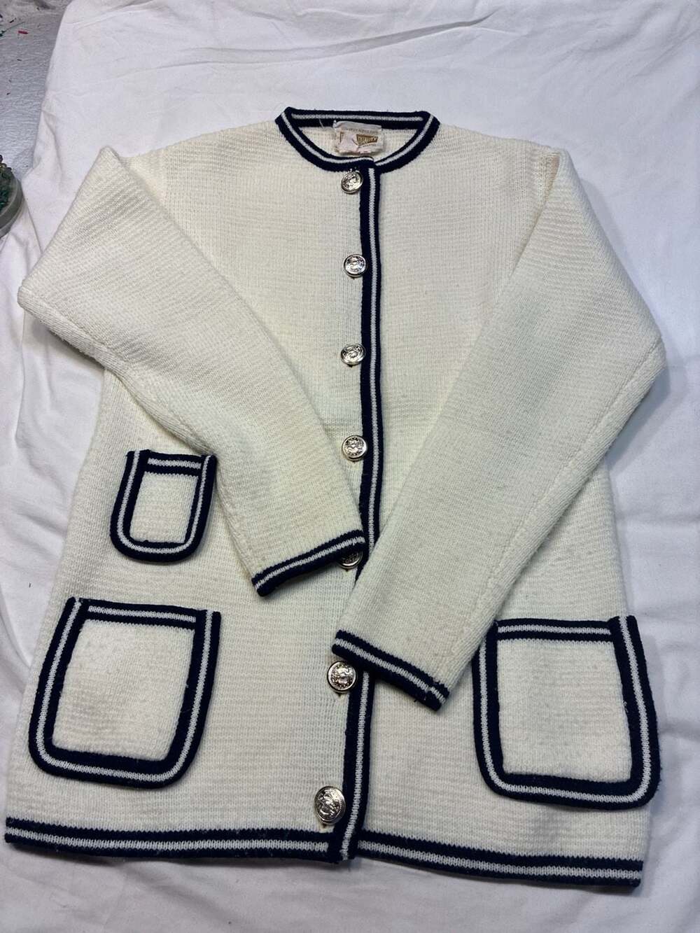 Vintage Finest Quality White Knit Cardigan Sweater with Navy Trim Size S